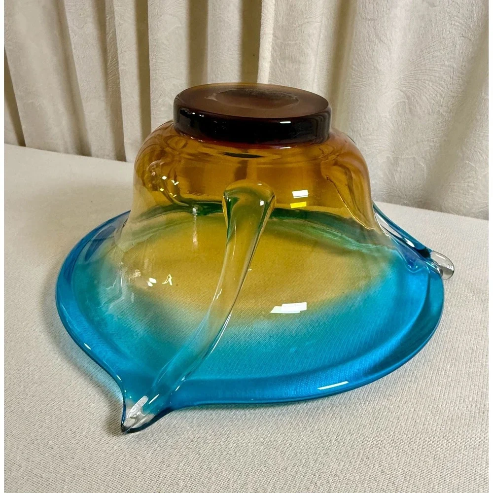 Mid-Century Modern Hand Blown Art Glass Console Bowl in Turquoise and Amber